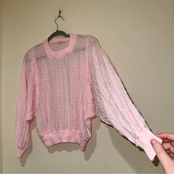 Women’s Vintage Retro Coquette  Singe Stitch Pink Eyelet Long Sleeve Sheer Top - Picture 8 of 14